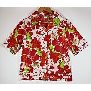 Vintage Lightning Bolt Hawaiian Shirt Womens Small 70s Red Hibiscus Aloha Surf